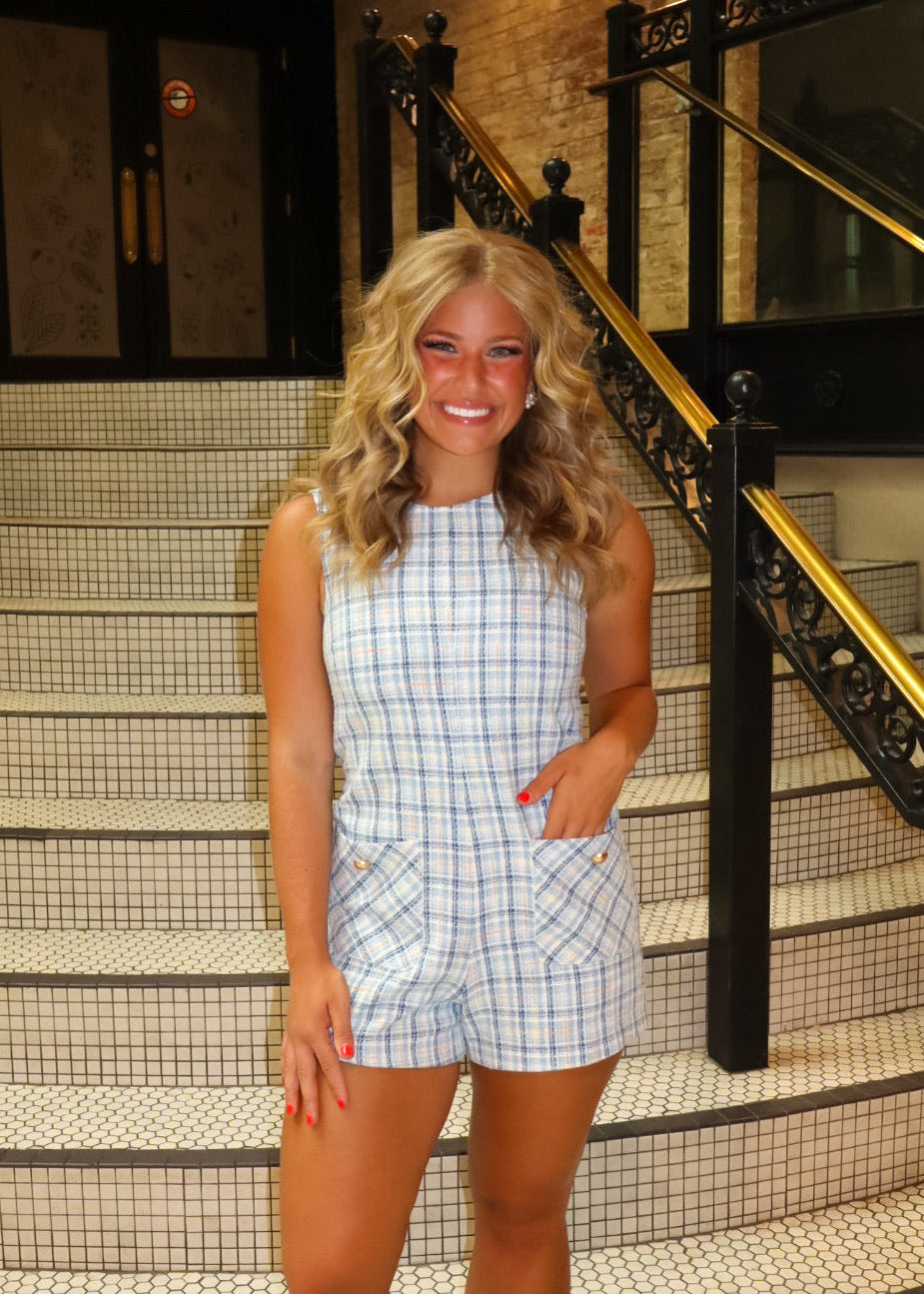 Bailey - Blue Tweed Romper