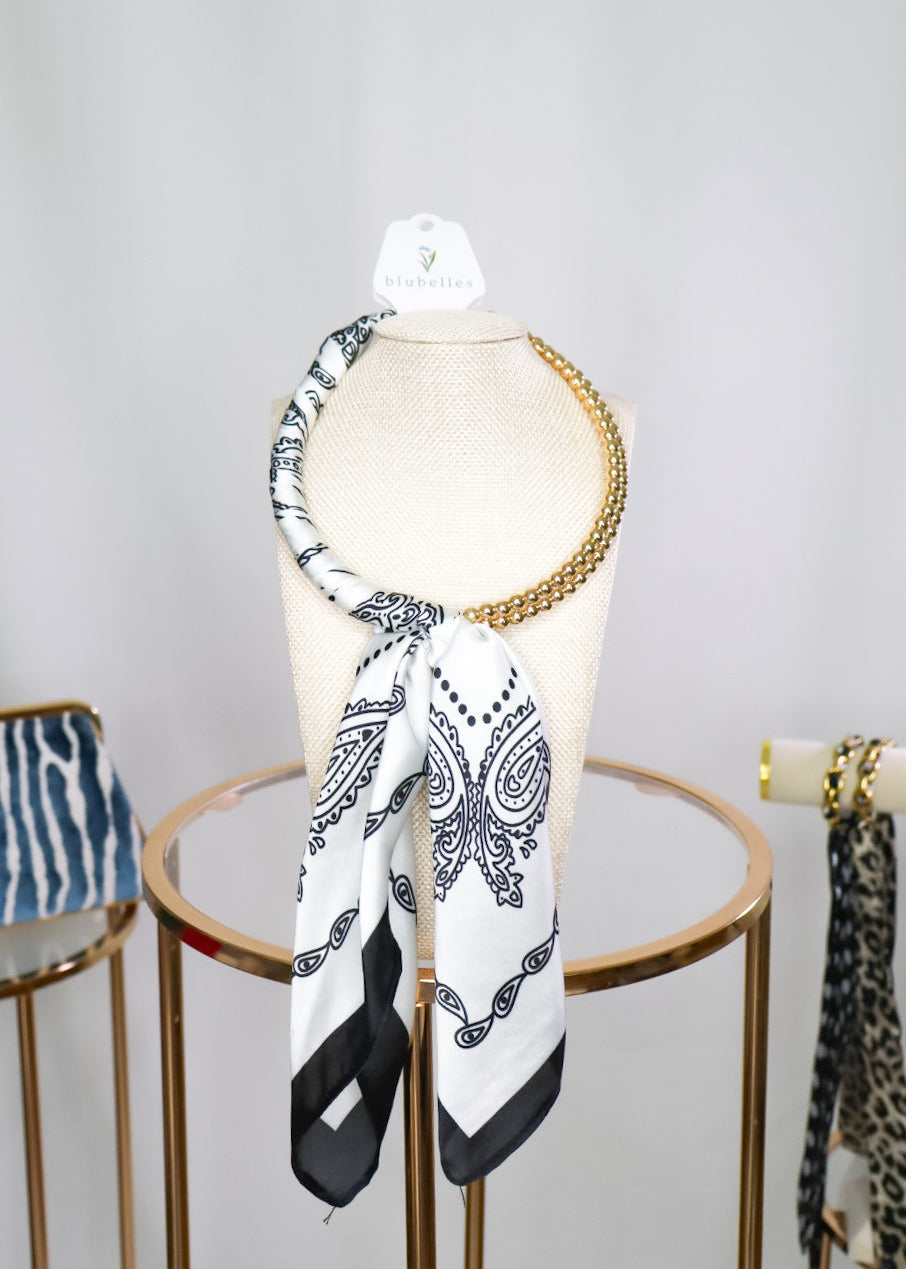 Gold Beaded Scarf Necklace - Black/White