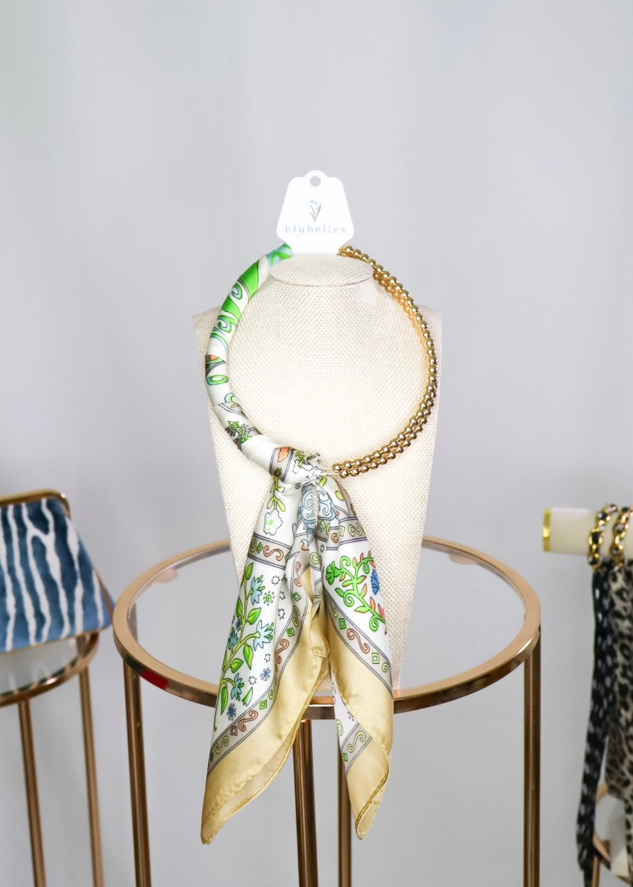 Gold Beaded Scarf Necklace - Bright Green/Tan
