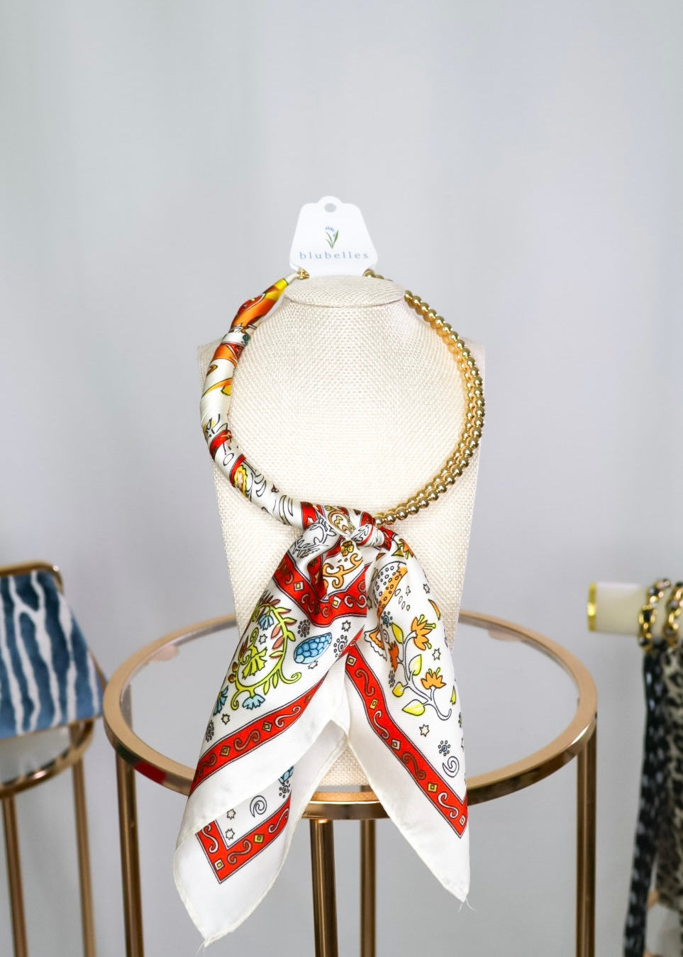 Gold Beaded Scarf Necklace - Red/White