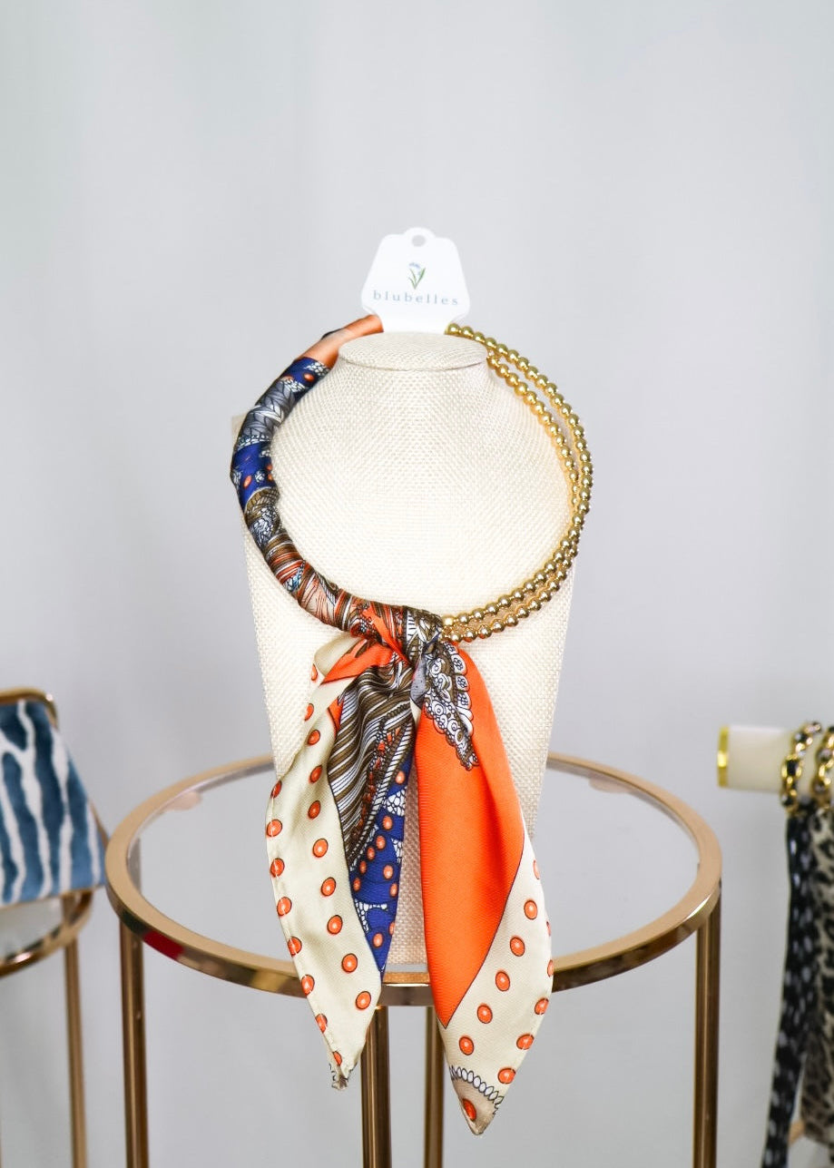 Gold Beaded Scarf Necklaces - Orange/Navy