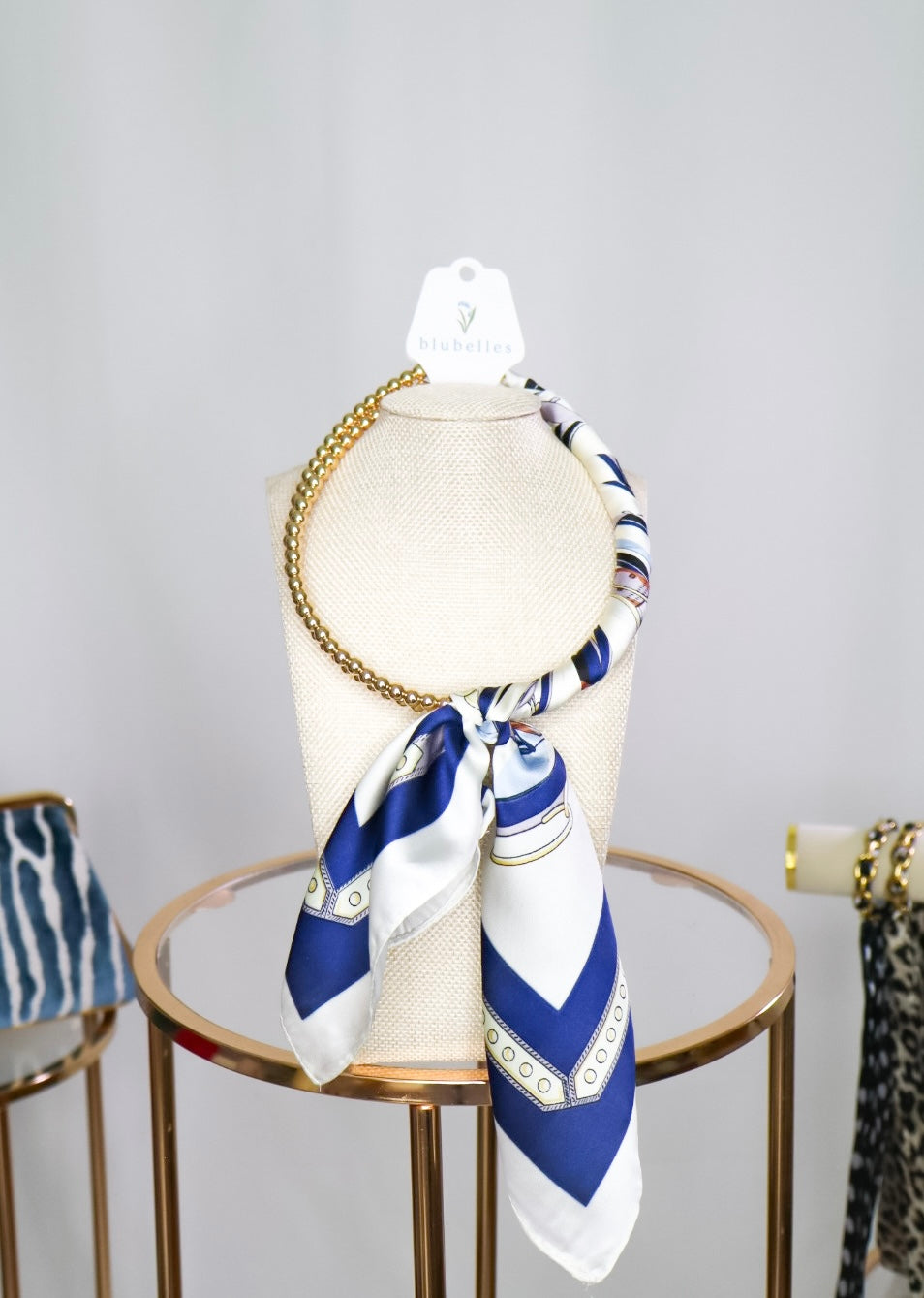 Gold Beaded Scarf Necklace - Navy/White