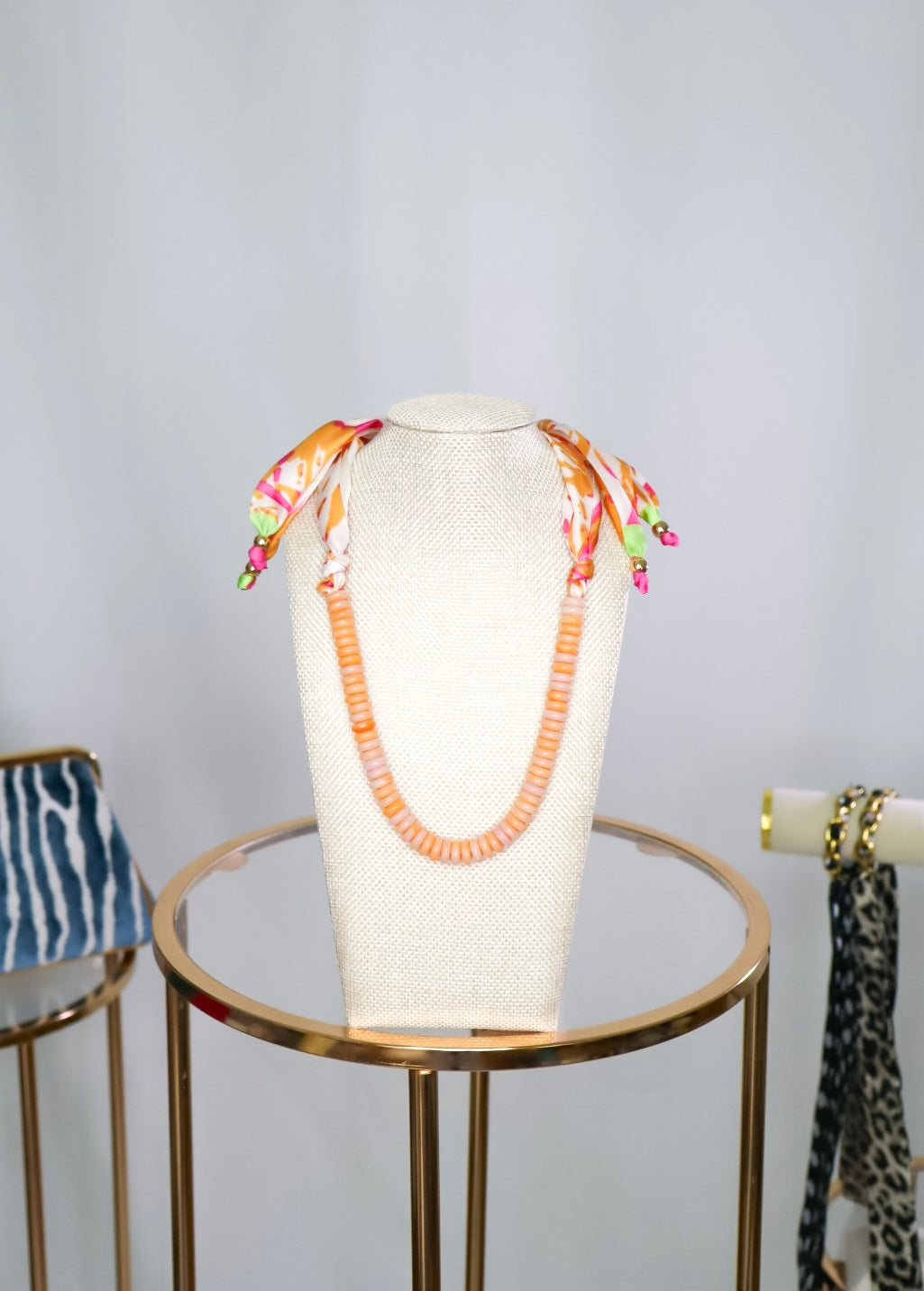 Beaded Necklace with Scarf Back - Orange/Pink