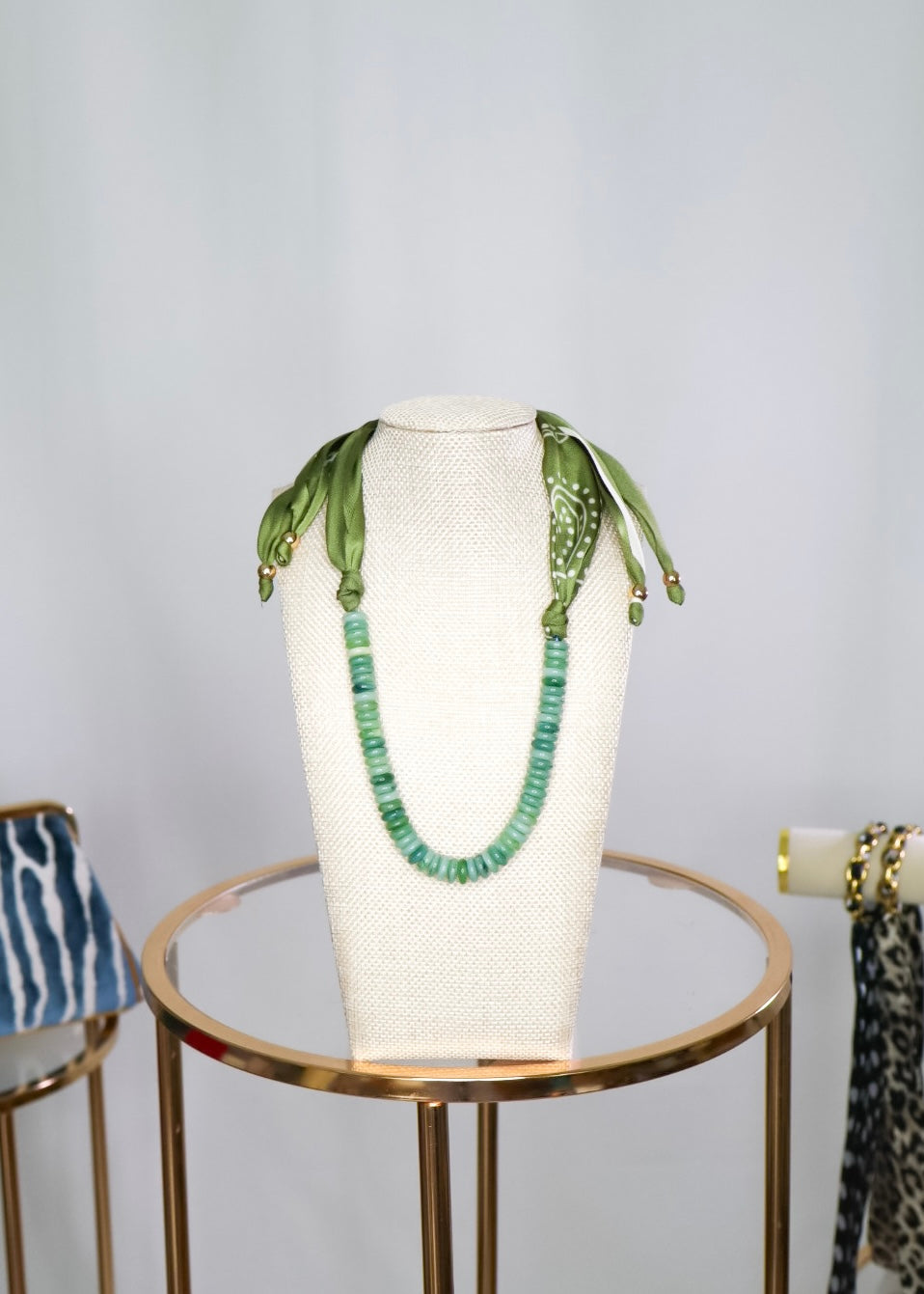 Beaded Necklace with Scarf Back - Green