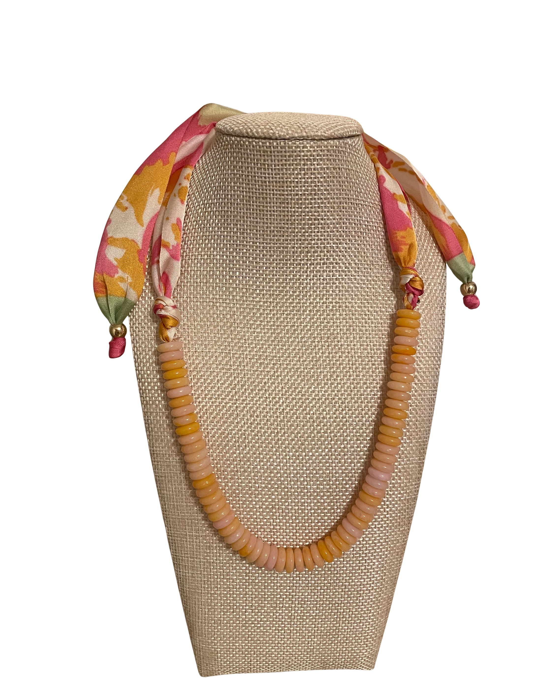 Beaded Necklace with Scarf Back - Orange/Pink