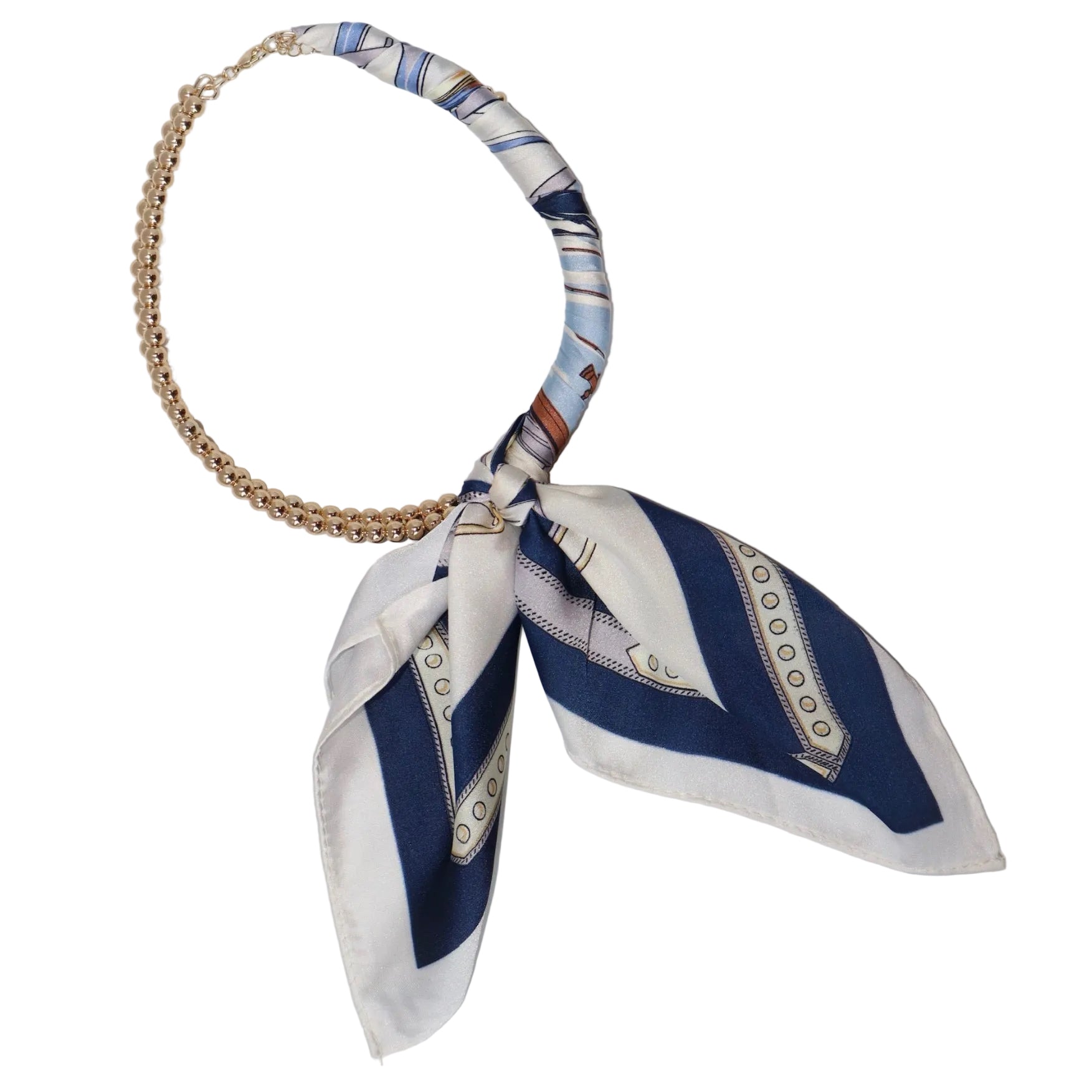 Gold Beaded Scarf Necklace - Navy/White