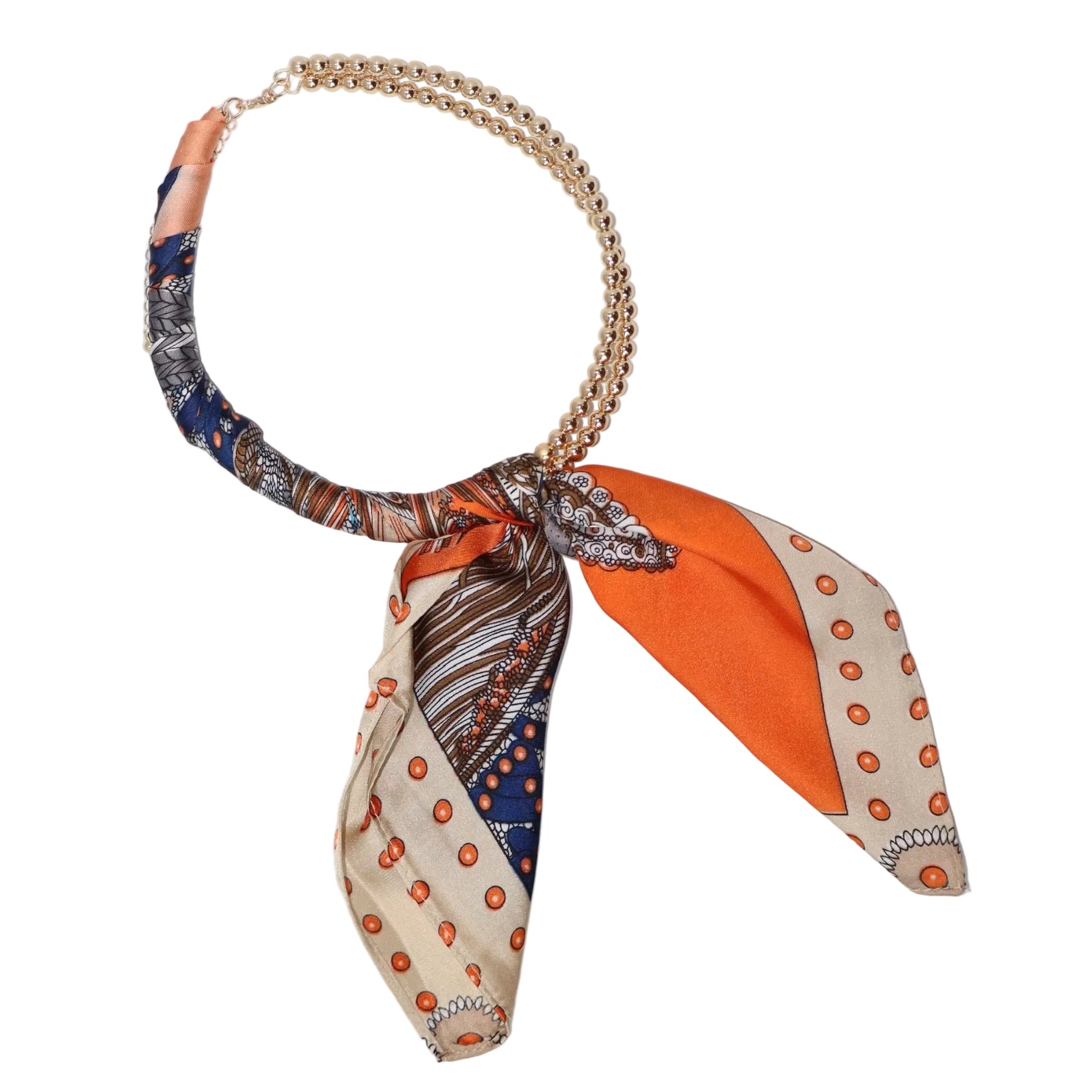 Gold Beaded Scarf Necklaces - Orange/Navy