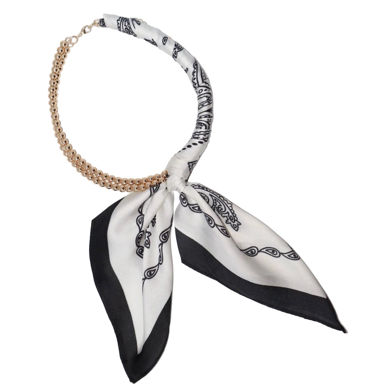 Gold Beaded Scarf Necklace - Black/White
