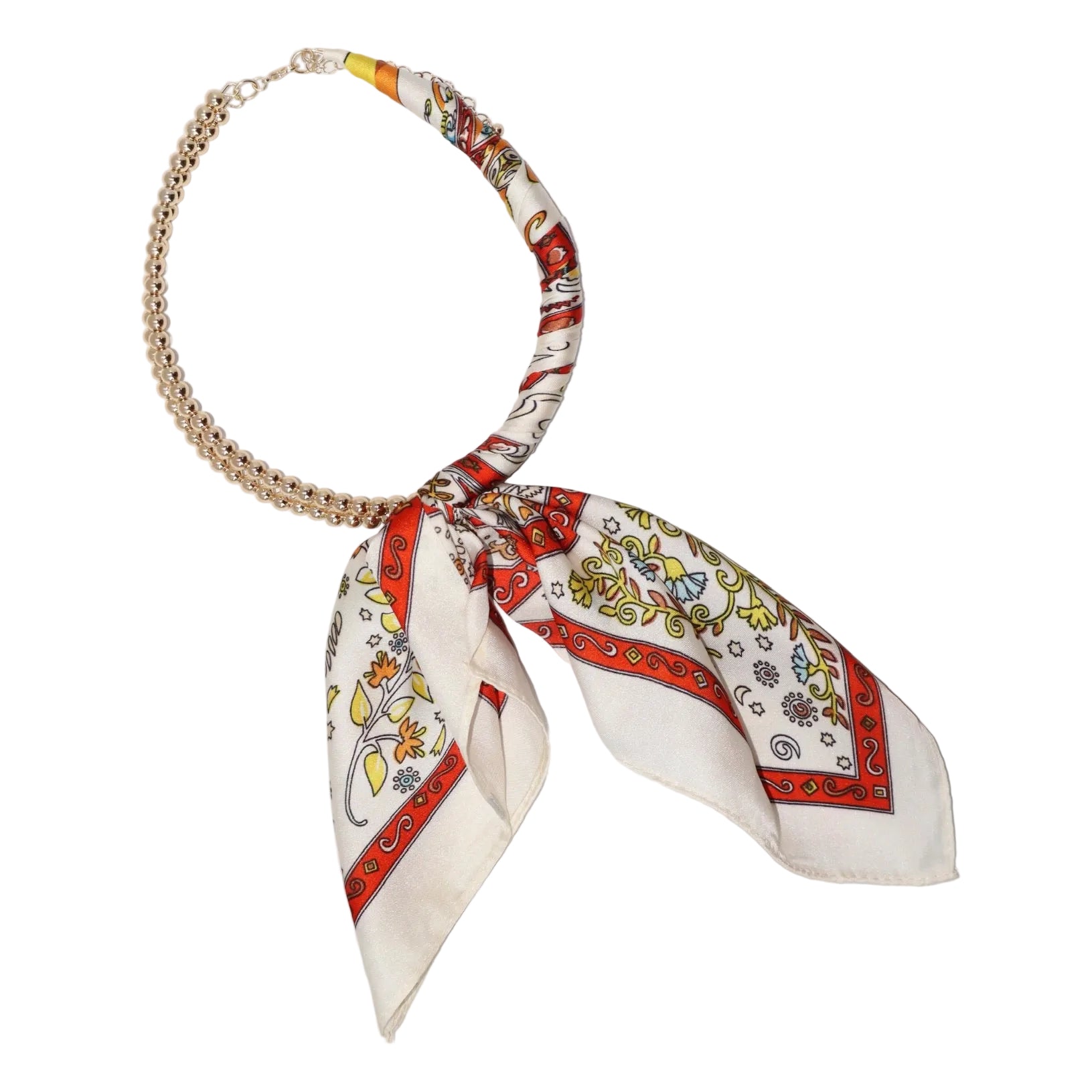 Gold Beaded Scarf Necklace - Red/White