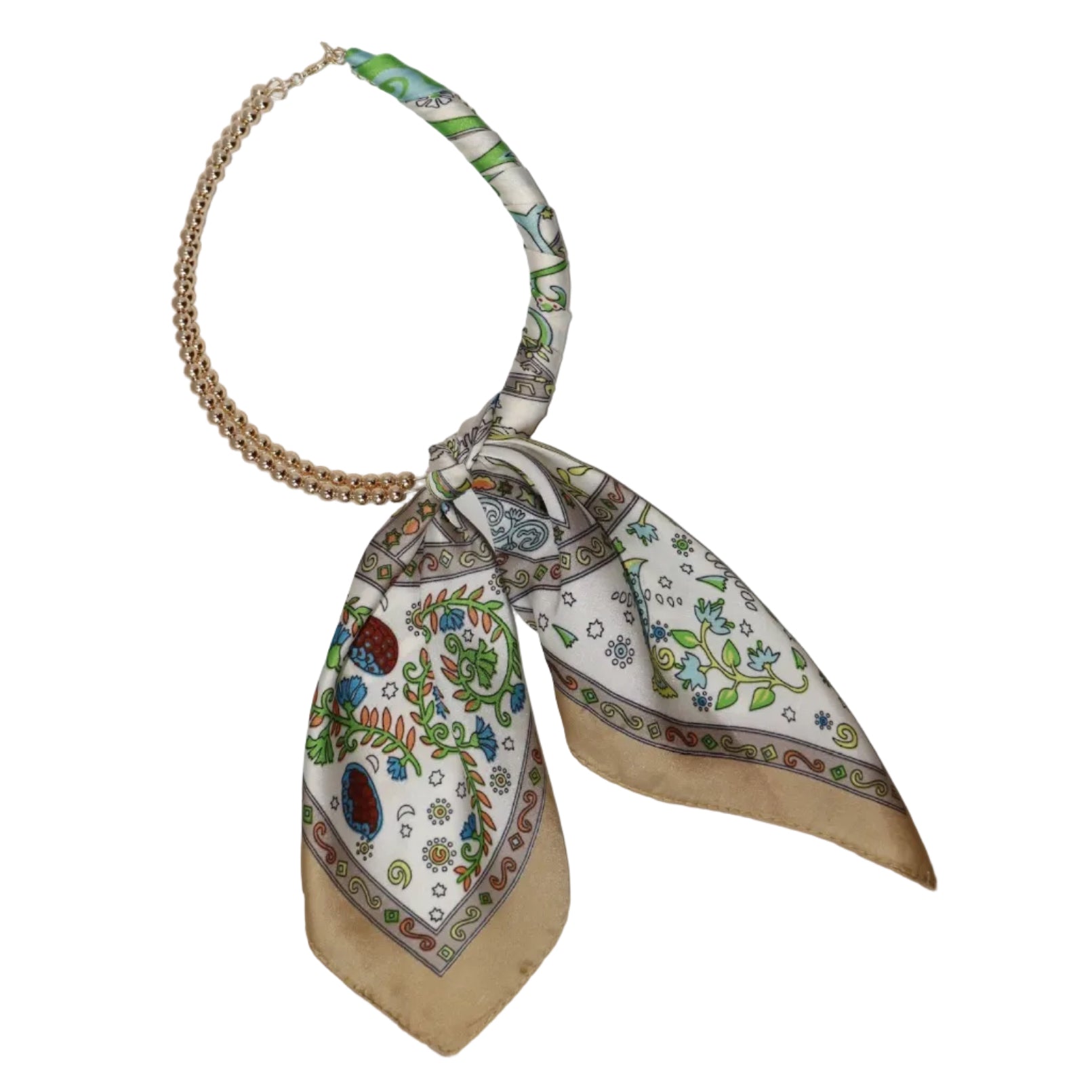Gold Beaded Scarf Necklace - Bright Green/Tan
